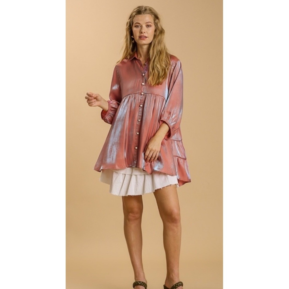 Umgee Women's Satin Tiered Orange Clay Tunic Dress/Top Size M NWT Shimmer
